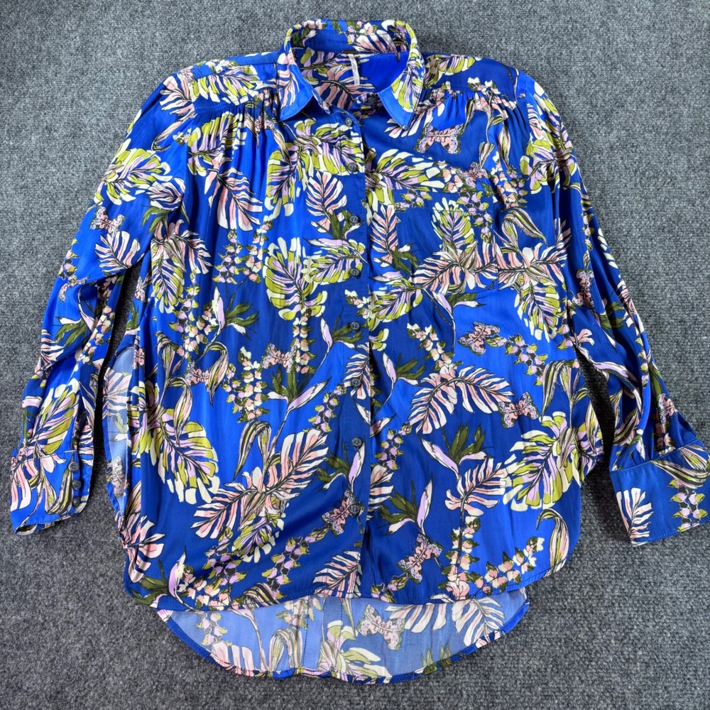 Free People Button Down Shirt Womens Small Blue‎ Tropical Floral Butterfly Boho
